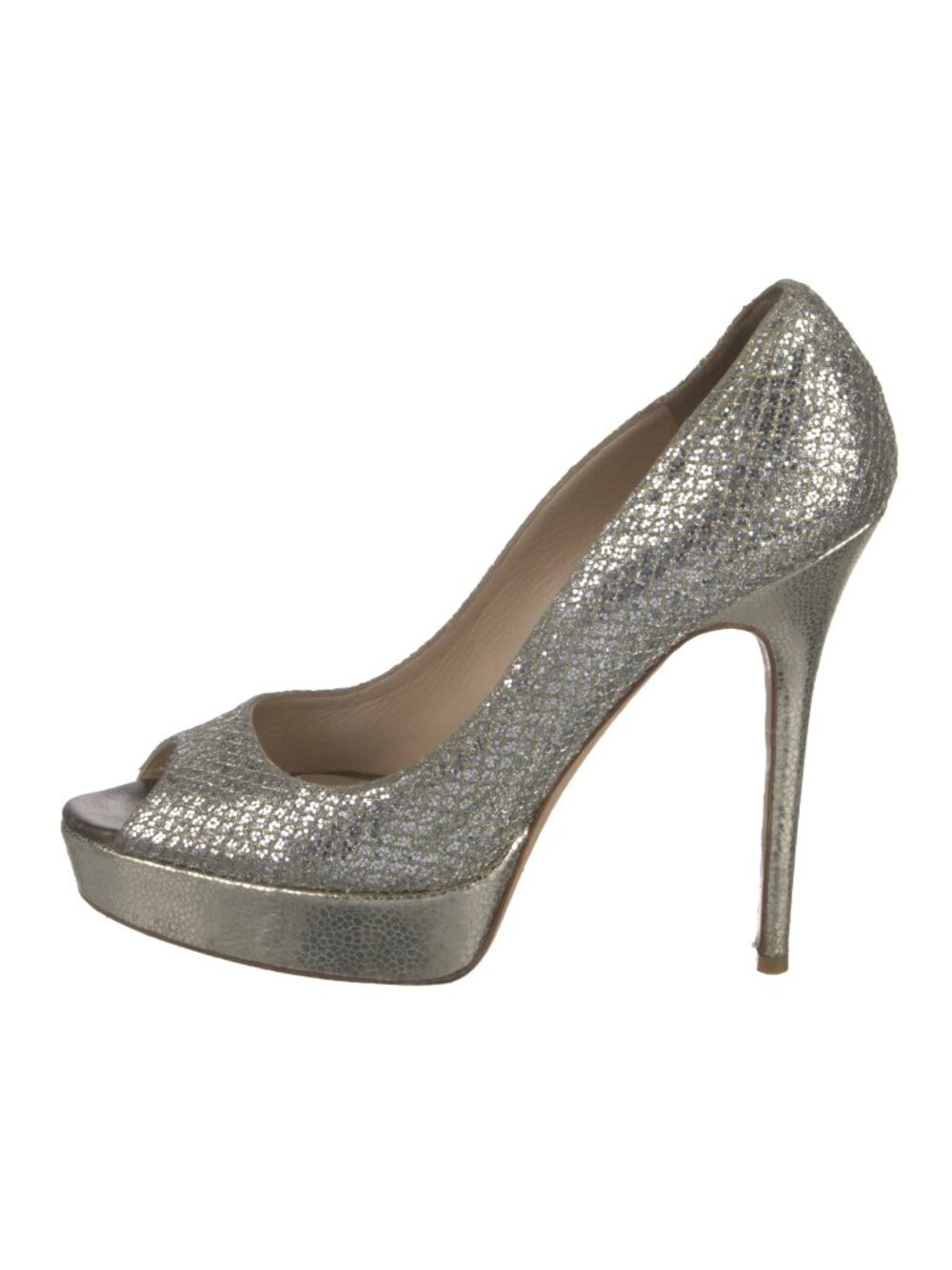 JIMMY CHOO Silver Sparkle Peep Toe Pumps Heels Sandals Size: 9 | IT 39
